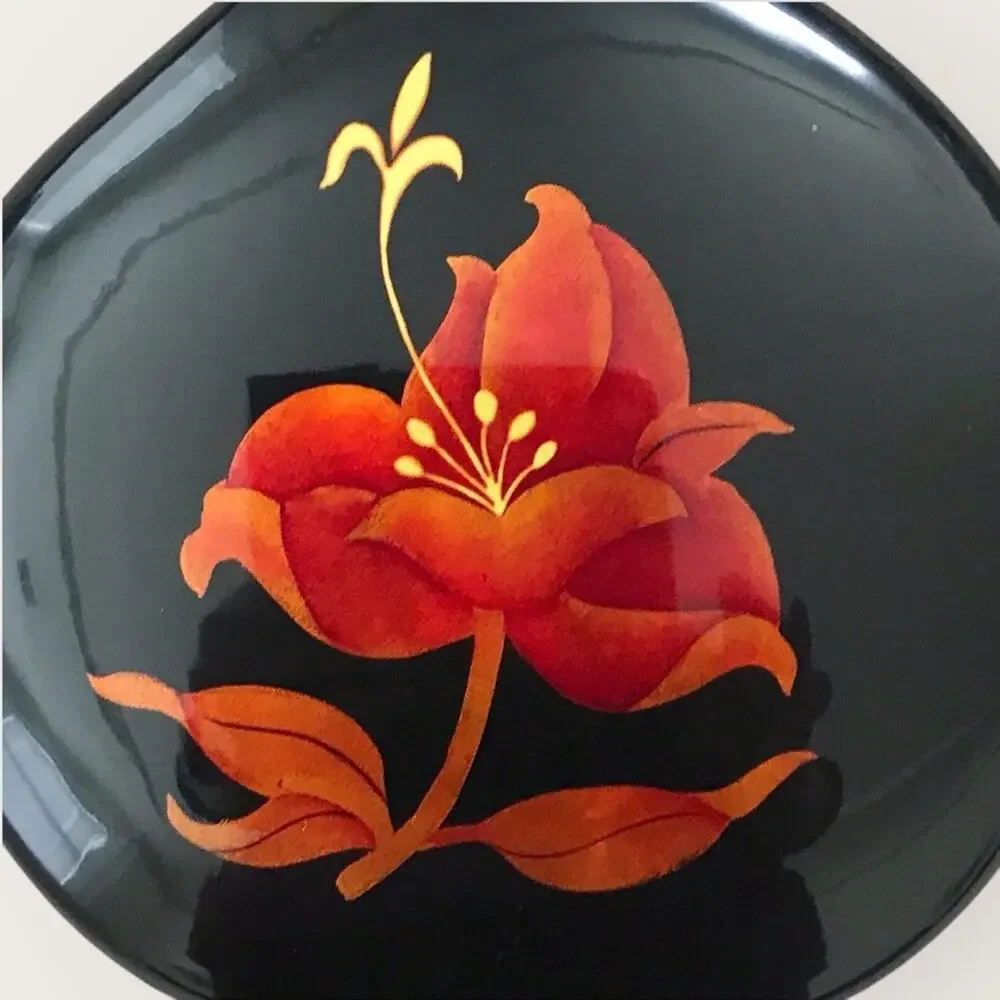 Vintage Floral Lacquer Black and Orange Art Jewelry Trinket Box